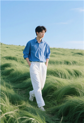 夏日蓝天草地治愈系衬衫帅哥图片